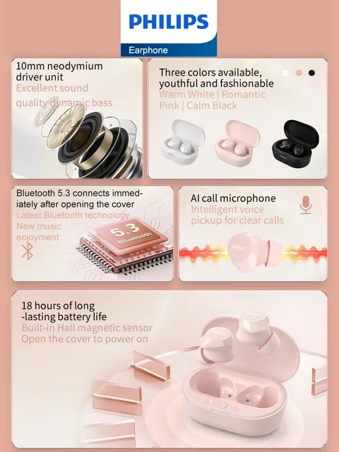 Philips TAT1209 Mini Earphone Wireless Bluetooth 5.3 Headphone HiFi Stereo HD Microphone Call Headset iPhone Android Universal 2