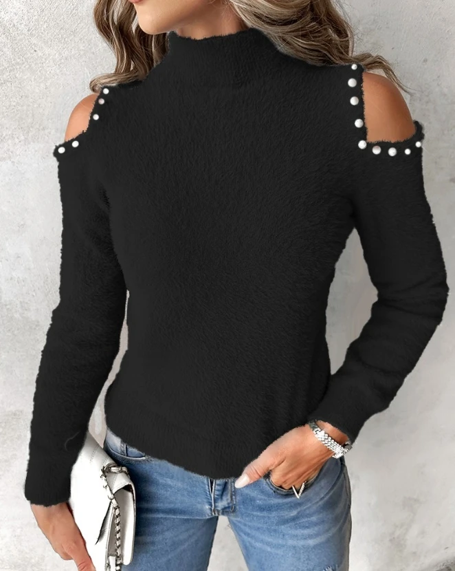 

2023 Autumn Winter Spring New Fashion Casual Mock Neck Cutout Pearls Decor Knit Sweater Female Clothing T-Shirts Pullover Tops