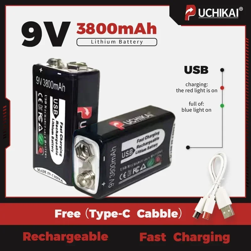 

9V USB battery, 3800mAh lithium-ion battery suitable for multimeter, microphone, temperature gun, game controller, etc PUCHIKAI