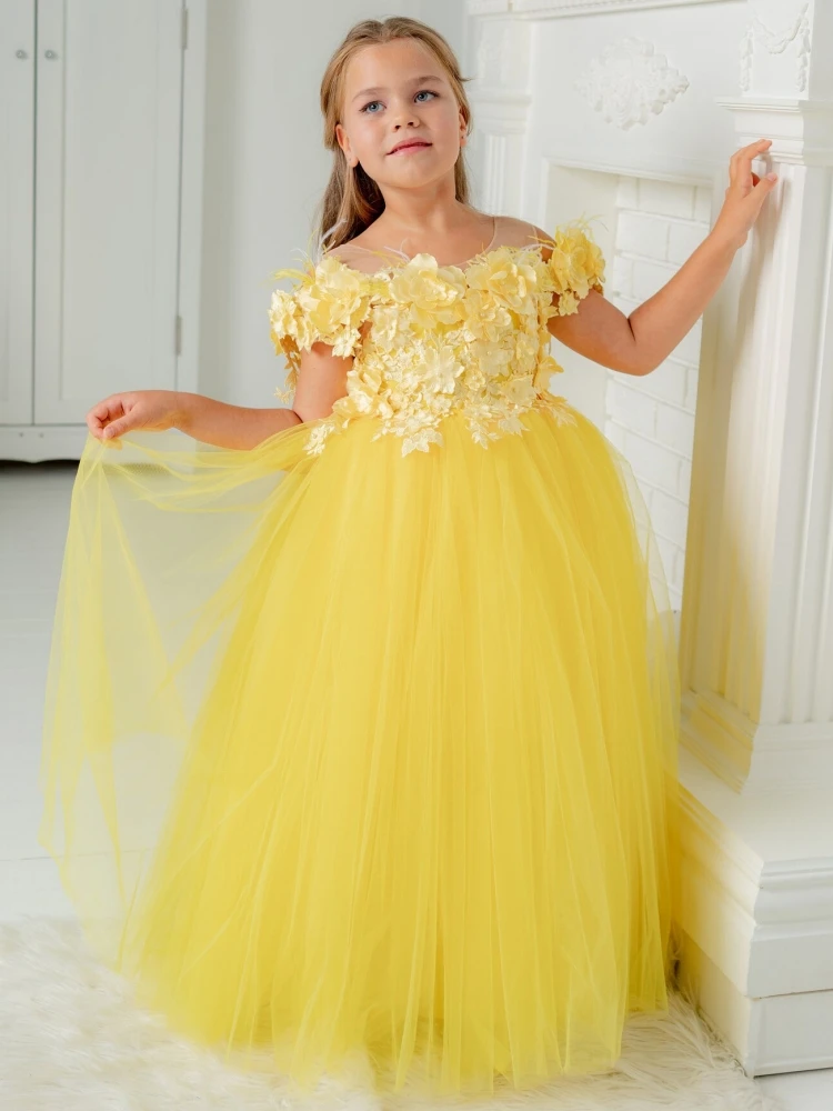 

Flower Girl Dress Yellow Tulle Puffy 3D Flowers Short Sleeve For Wedding Party Birthday First Communion Gowns