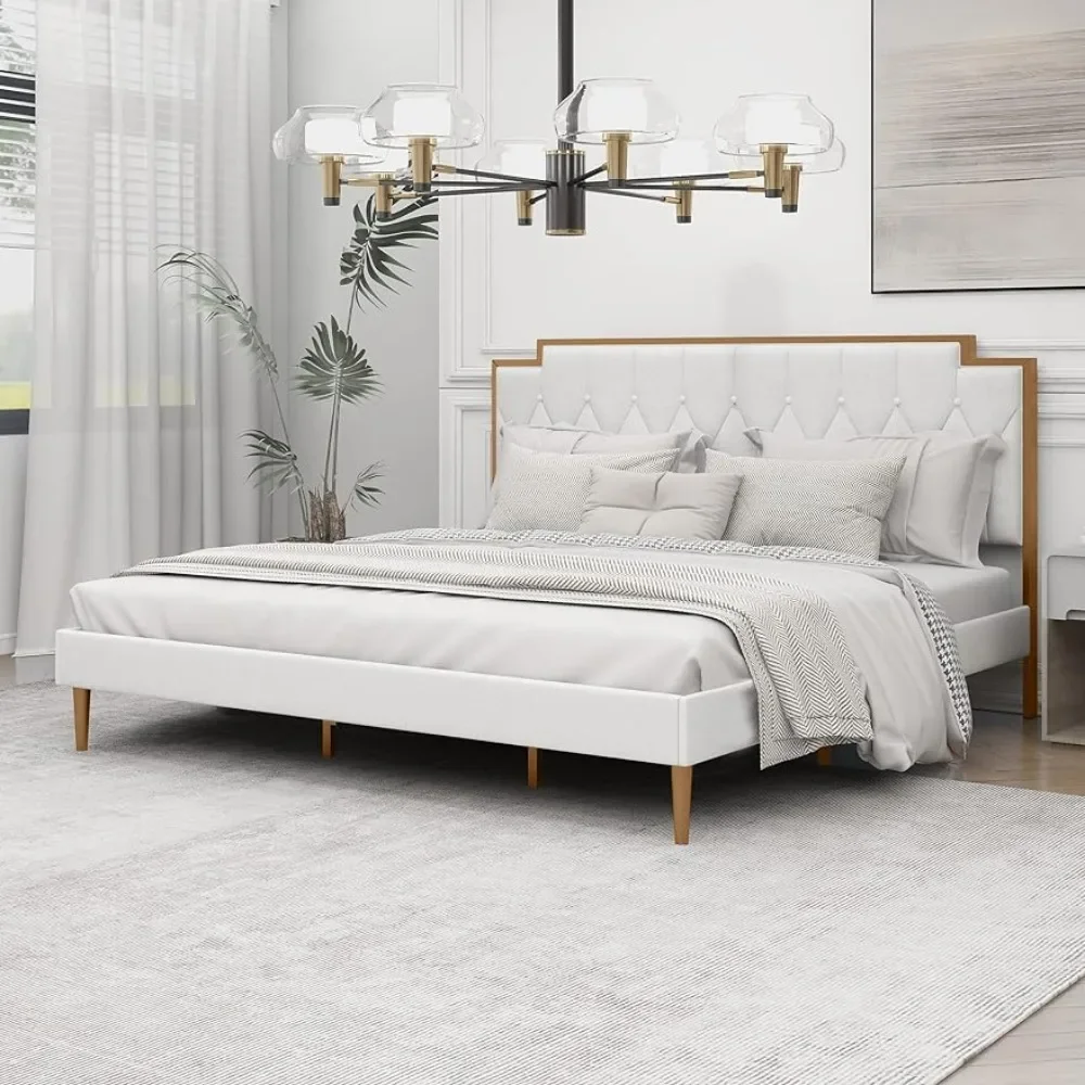 

Upholstered Platform King Size Bed Frame with Headboard Premium Stable Wood Slat Support No Box Spring Required Cream Bedroom