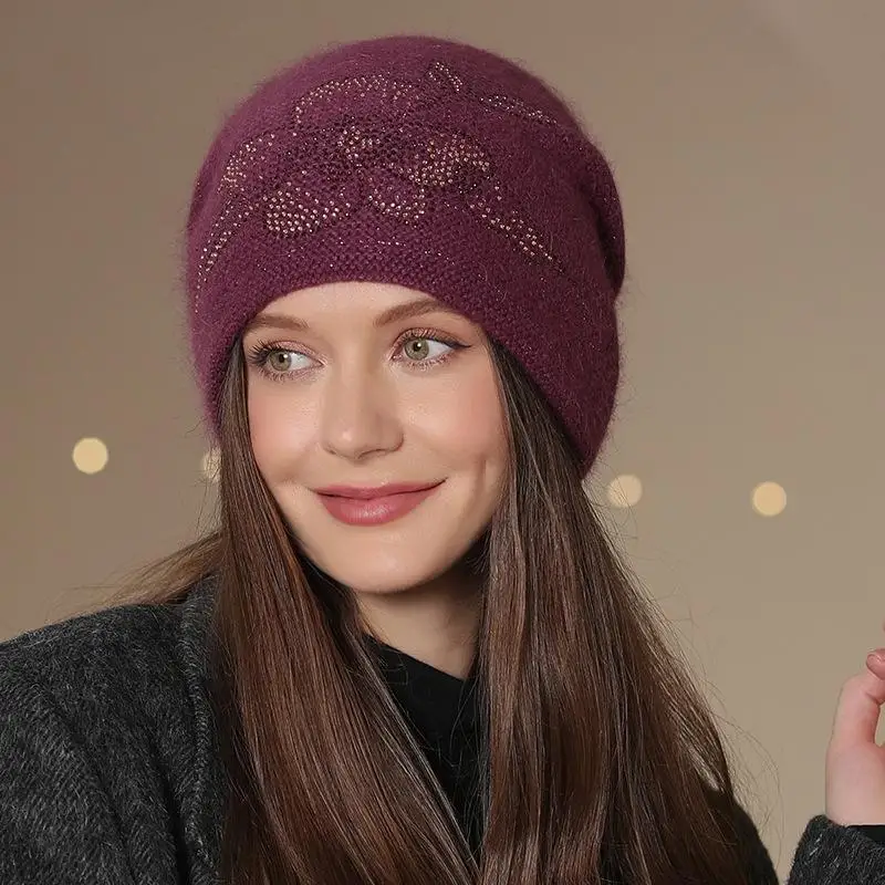 New Women Winter Hat Fashion Decorate Beanie Hat Rabbit Fur Blend Warm Winter Cap For Female Casual Streetwear Knitted Hat 3