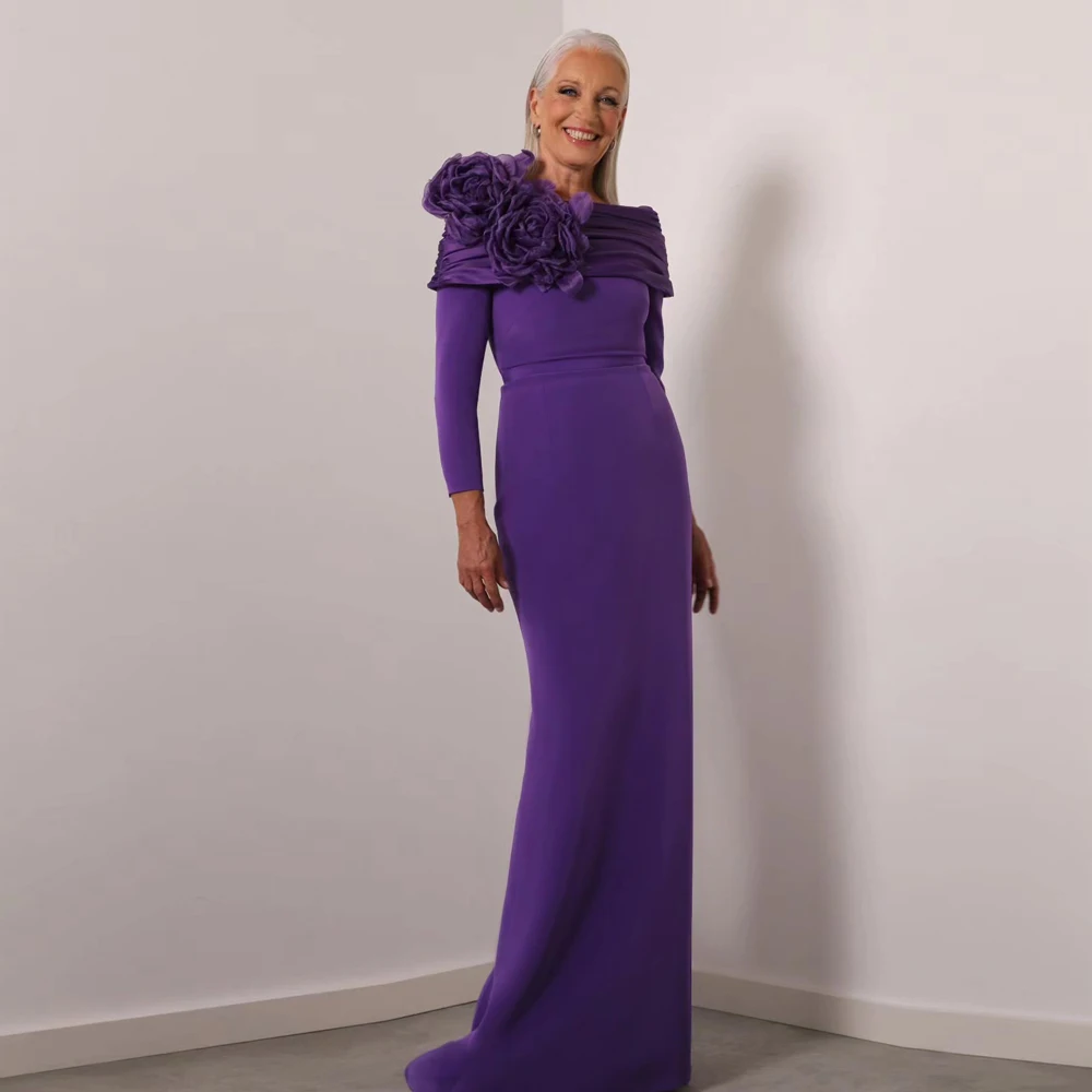 

Elegant Purple Mother of the Bride Dresses O Neck Long Sleeves Wedding Party Gowns Flowers Floor Length Mermaid فساتين السهرة