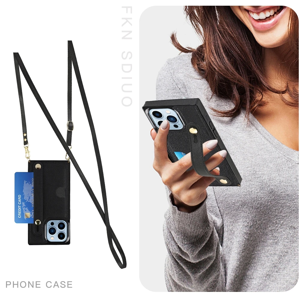 Elegant Crossbody Leather Phone Case with Kickstand and Card Slot Featuring a Wristband Design
