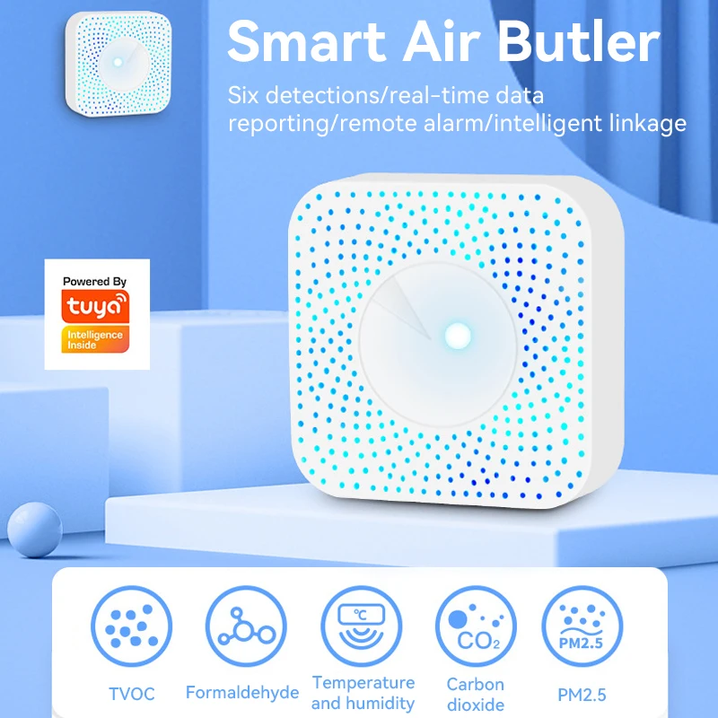 

Датчик качества воздуха Zigbee Tuya, умный датчик CO2 PM2.5, формальдегид, VOC, датчик температуры и влажности воздуха 6 в 1, детектор сигнализации