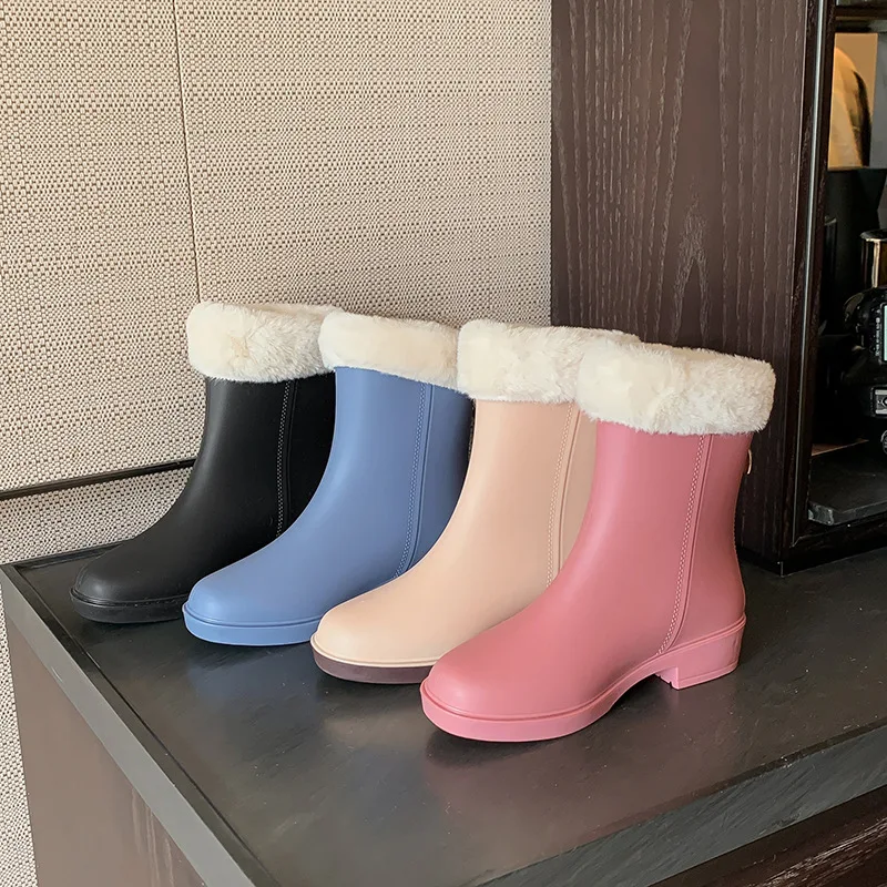 New Women Fashion Ankle PVC Rain Boots Waterproof Back Zipper Rainboots Non-slip Water Shoes Outdoor Wellies Boots