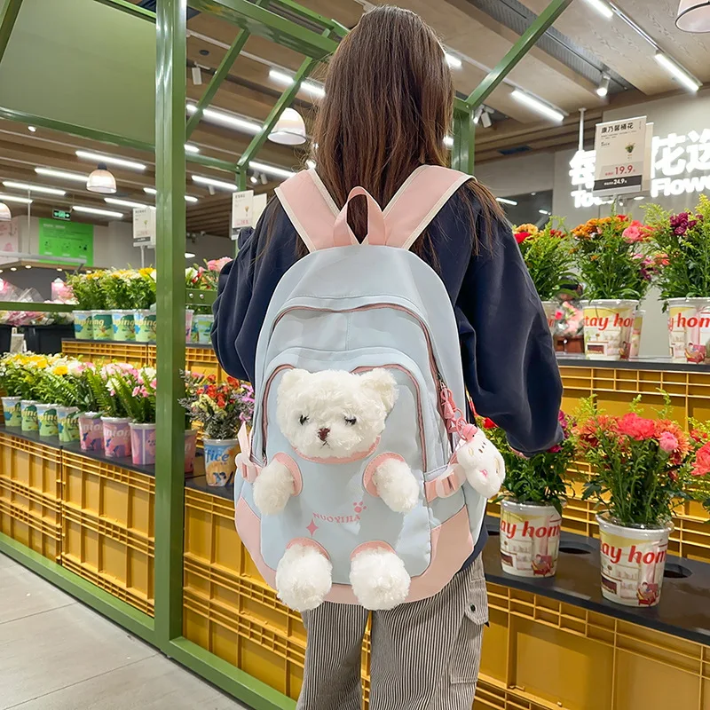 달콤하고 귀여운 카와이 플러시 곰 장식 스쿨백 여중생 십대 소녀 대용량 학교 배낭