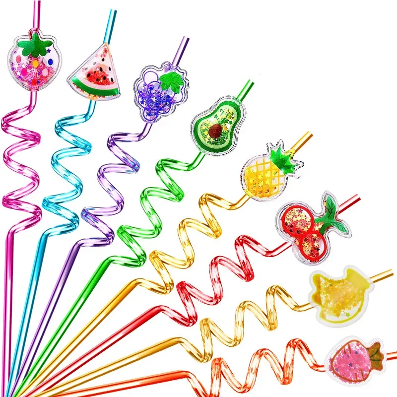 

8pcs Cute Sequin Fruit Shaped Straw Reusable Plastic Spiral Straws Fruit Themed Decorative Items for Children's Birthday Parties