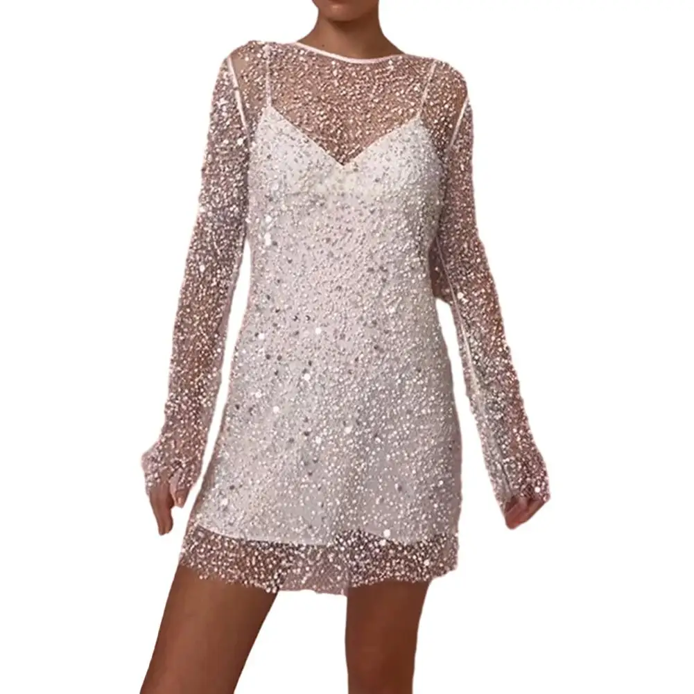 

V-neck Dress Long Sleeve Dress Mesh See Through Sequin Spring A Line Dress Hollow Evening Dress Large And Small Long Sleeve