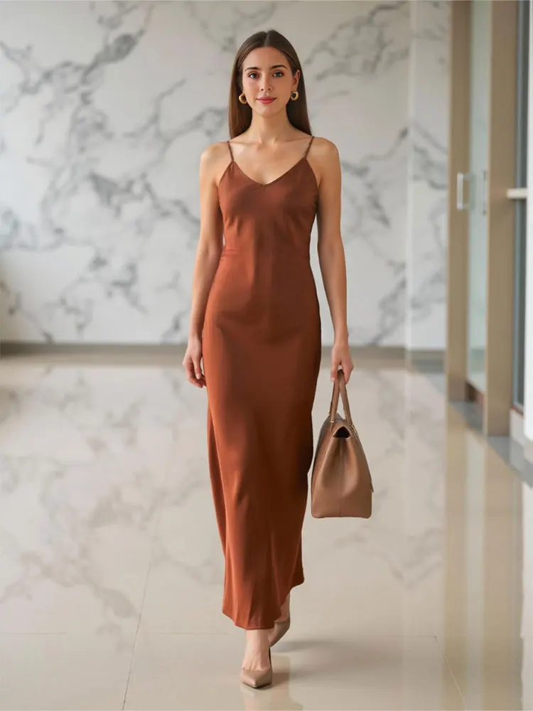 HH Women Elegant Solid Satin Texture Dress Thin Strap Slim Long Dresses 2025 Spring Summer  Sexy Lady Backless Party Dress