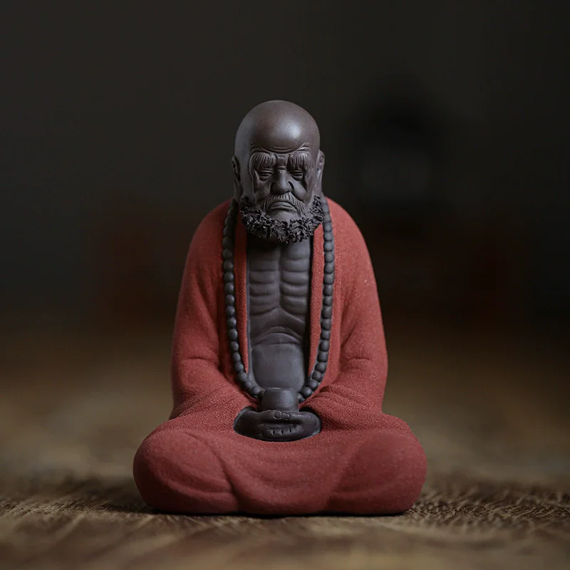 Handcrafted Zisha Bodhidharma Statue - Zen Buddha Figurine for Tea Table, Chinese Kung Fu Decor, Meditation Office Art, Clay Scu