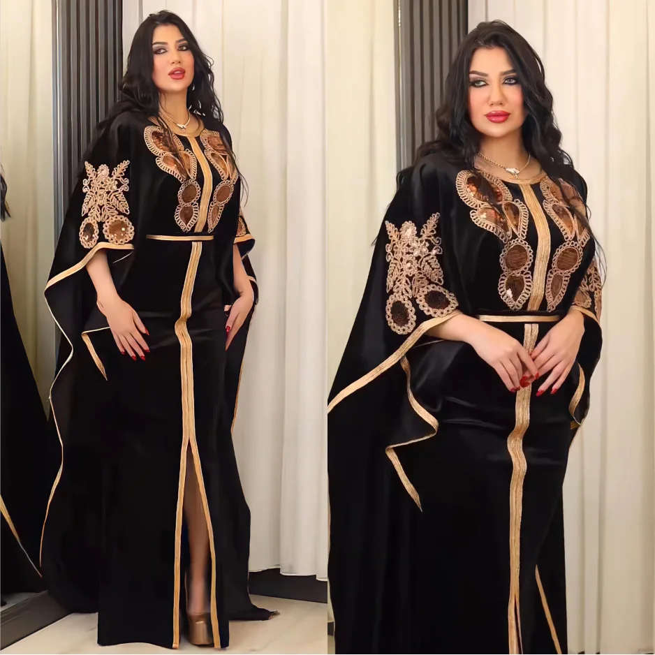Women's Galabiyat Caftan Dubai Chic Sequins Batwing Sleeve Golden Velvet Ladies Abayas African Turkish Ramadan Muslim Dress