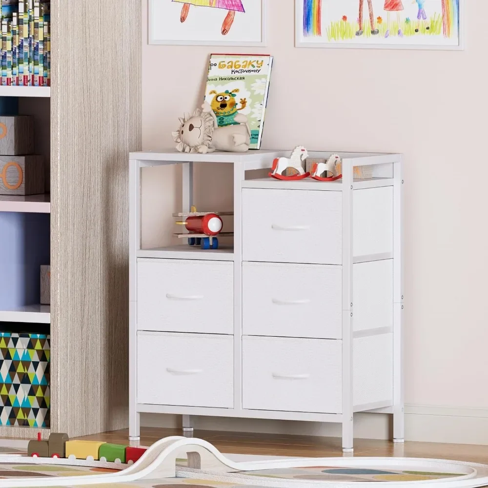 Dresser for Bedroom, Small Nightstand with 2-Tier Open Shelf and 5 Fabric Drawers, Storage Unit Organizer Tower 2