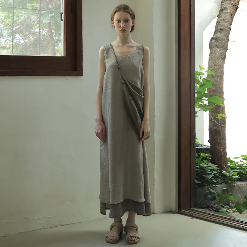 

MOI * Strap Dress Women's 2023 Summer New Tiansi High Waist Slim Double Layer Skirt Tank Top Long Dress