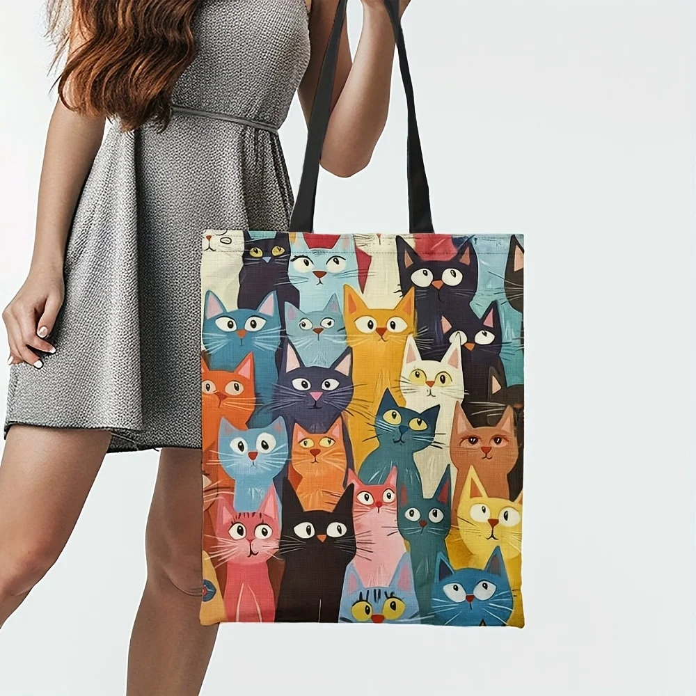 Vibrant Cat Pattern Tote Bag – Reusable & Stylish Shoulder Handbag