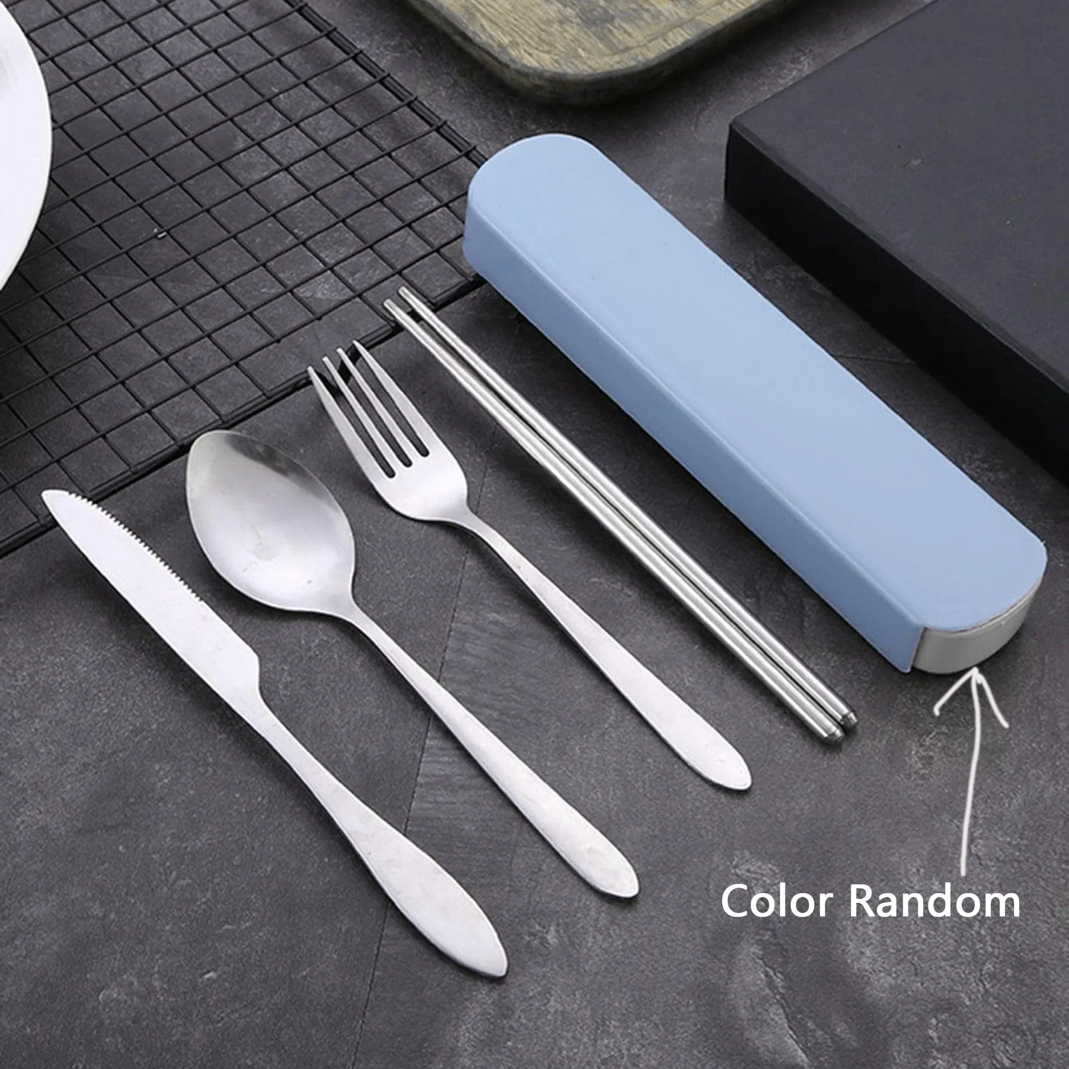 4Pcs/Set Travel Camping Cutlery Set Portable Tableware Stainless Steel Chopsticks Spoon Fork Steak Knife with Storage Case