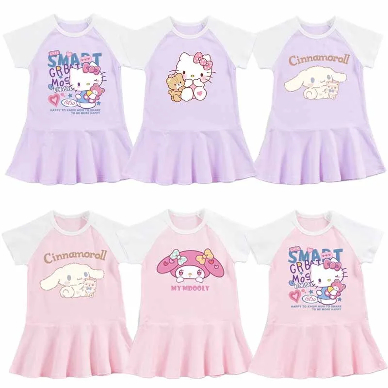 

Sanrios Anime My Melody Cinnamoroll Kuromi HelloKittys Kids Girls Summer Short Sleeved Dress Children Princess Skirt Dresses