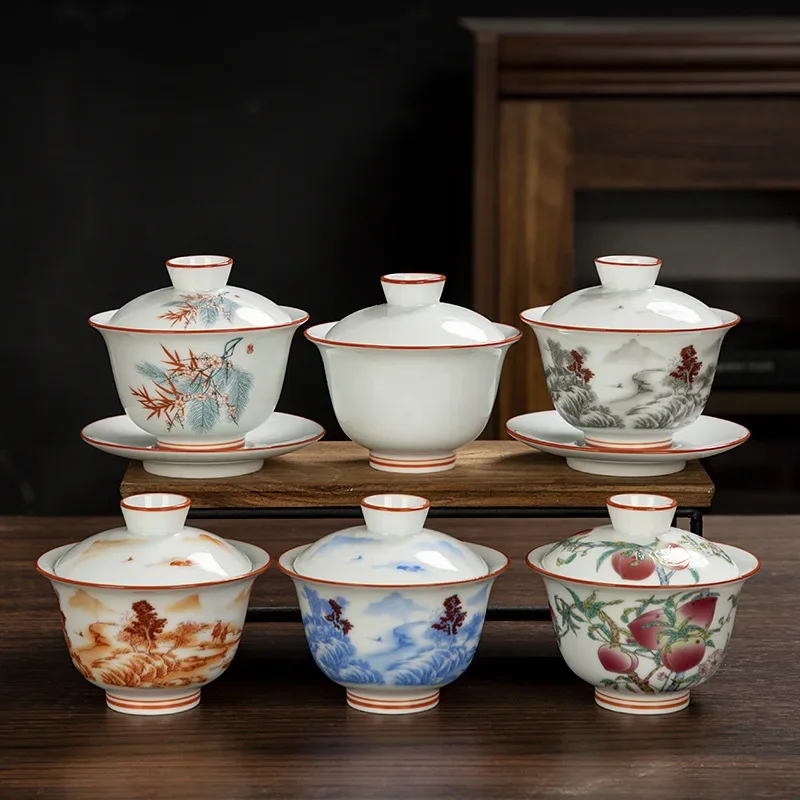White Chinese Style Sancai Gaiwan Tea Cup Single Manual Painting Golden Porcelain Brewing Bowl with Cover Non-Scald Household tea set