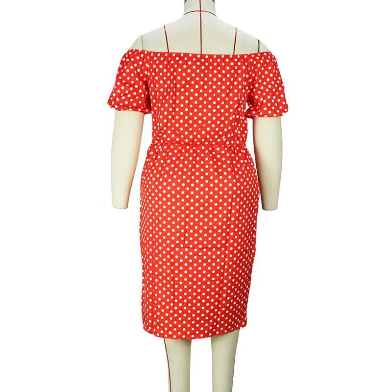 Spring Summer Bohemian Polka Dot Printing Sexy One Word Collar Puff Three Quarter Sleeve Plus Size Mid-calf Dress for Women