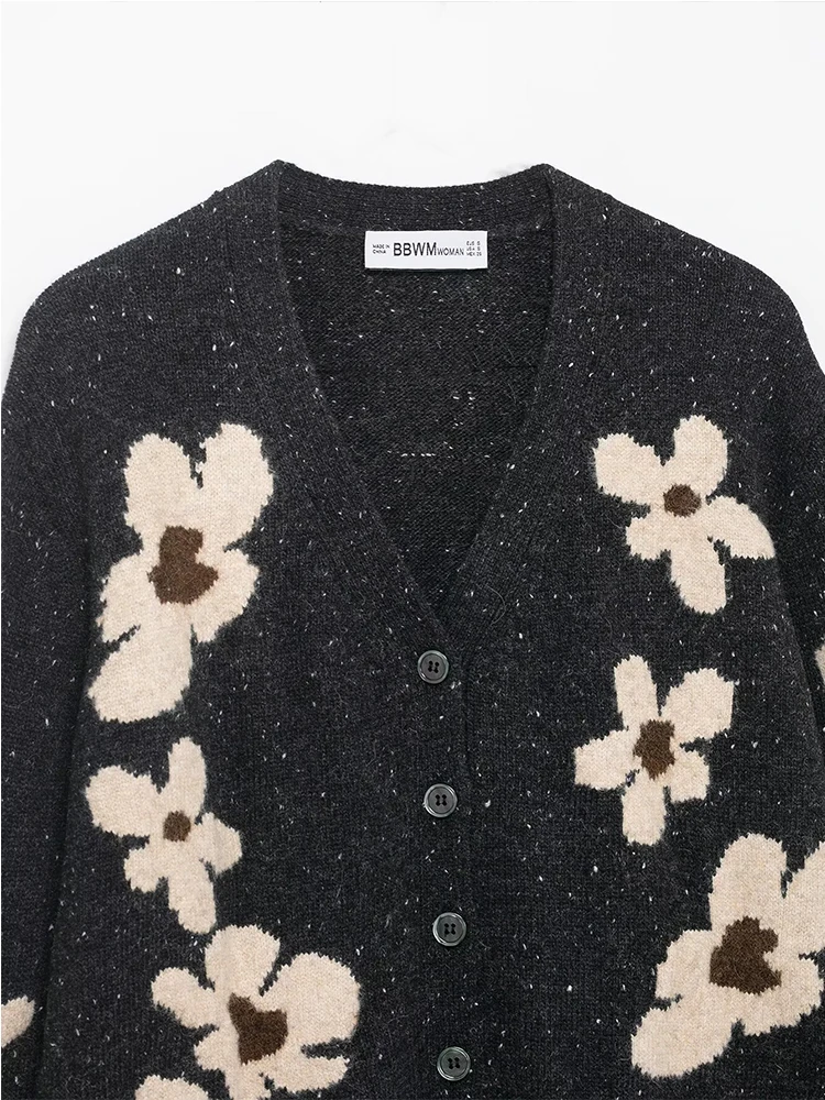 Casual Chic Women Cardigan Long Sleeve Flower Jacquard Knitting Cardigans Fashion 2025 Autumn Winter Loose Sweater Coat