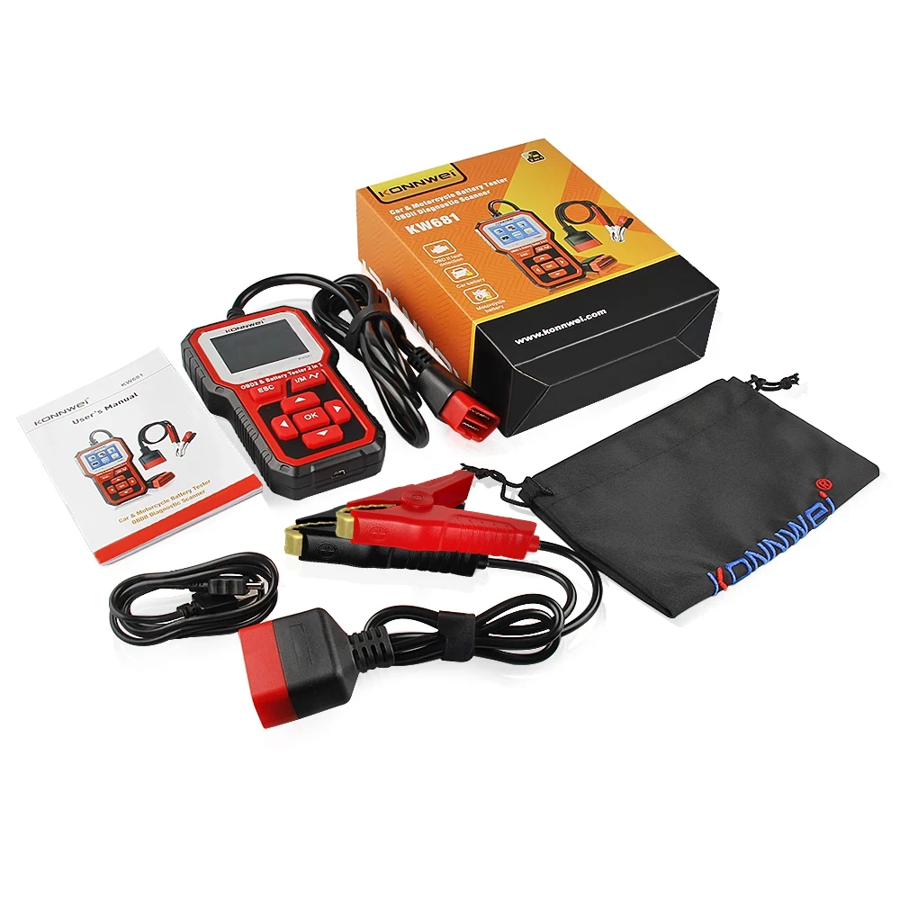 KONNWEI-KW681 6V 12V 자동차 오토바이 배터리 테스터 Obd 2 자동 진단 도구, 2 인 1 2000 CCA 자동차 진단 Obd2 스캐너
