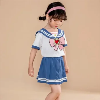 Baby Girls Clothes Set Summer Sailor Suit Kid's Pleated Skirt JK Uniform Toddler Girl Bownot Top & Striped Skirt Preepy Style 4