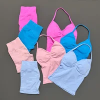 2 Piece Histello Sports Set Women Longline Strappy Top Seamless Yoga Tank Scrunch Butt Workout Shorts Suit Gym Sports Sets - Image 2