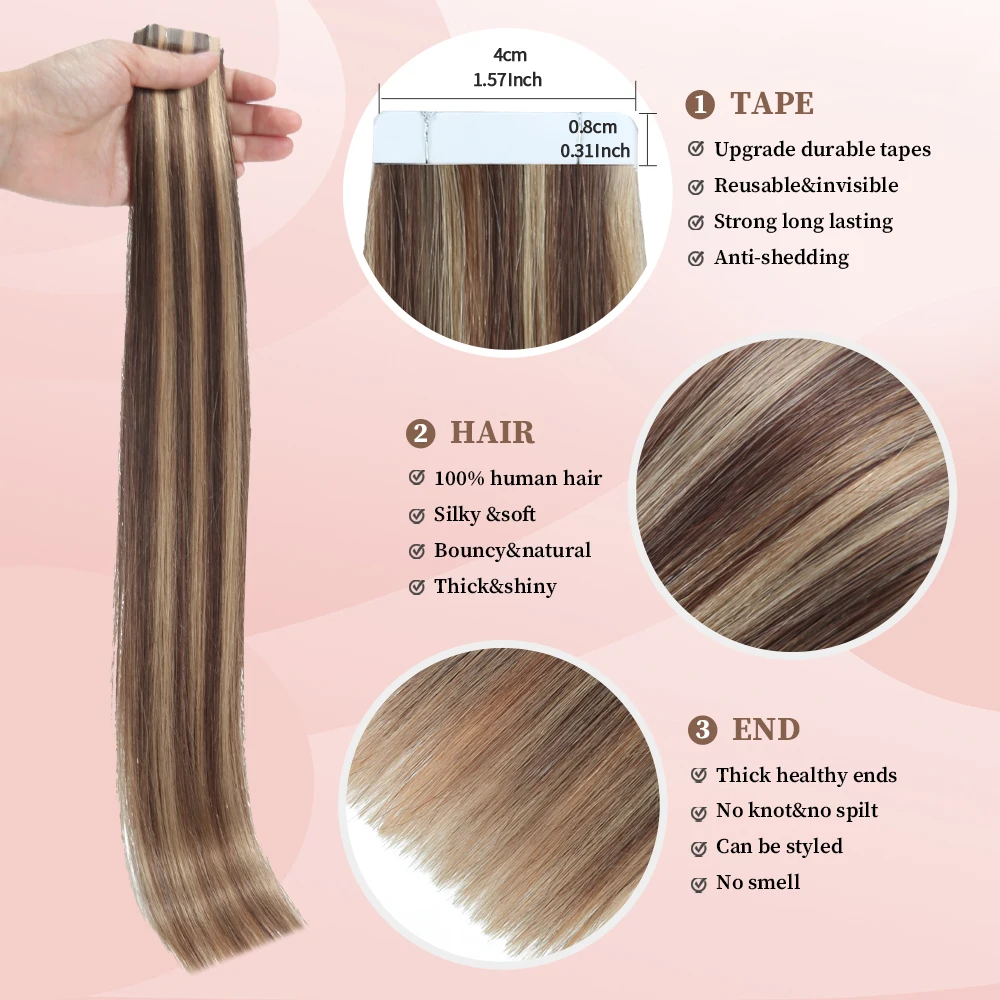 YGP 20pcs Tape In Hair Extensions Human Hair P4/27 Silky Seamless Invisible Remy Extensions for Women/Girls