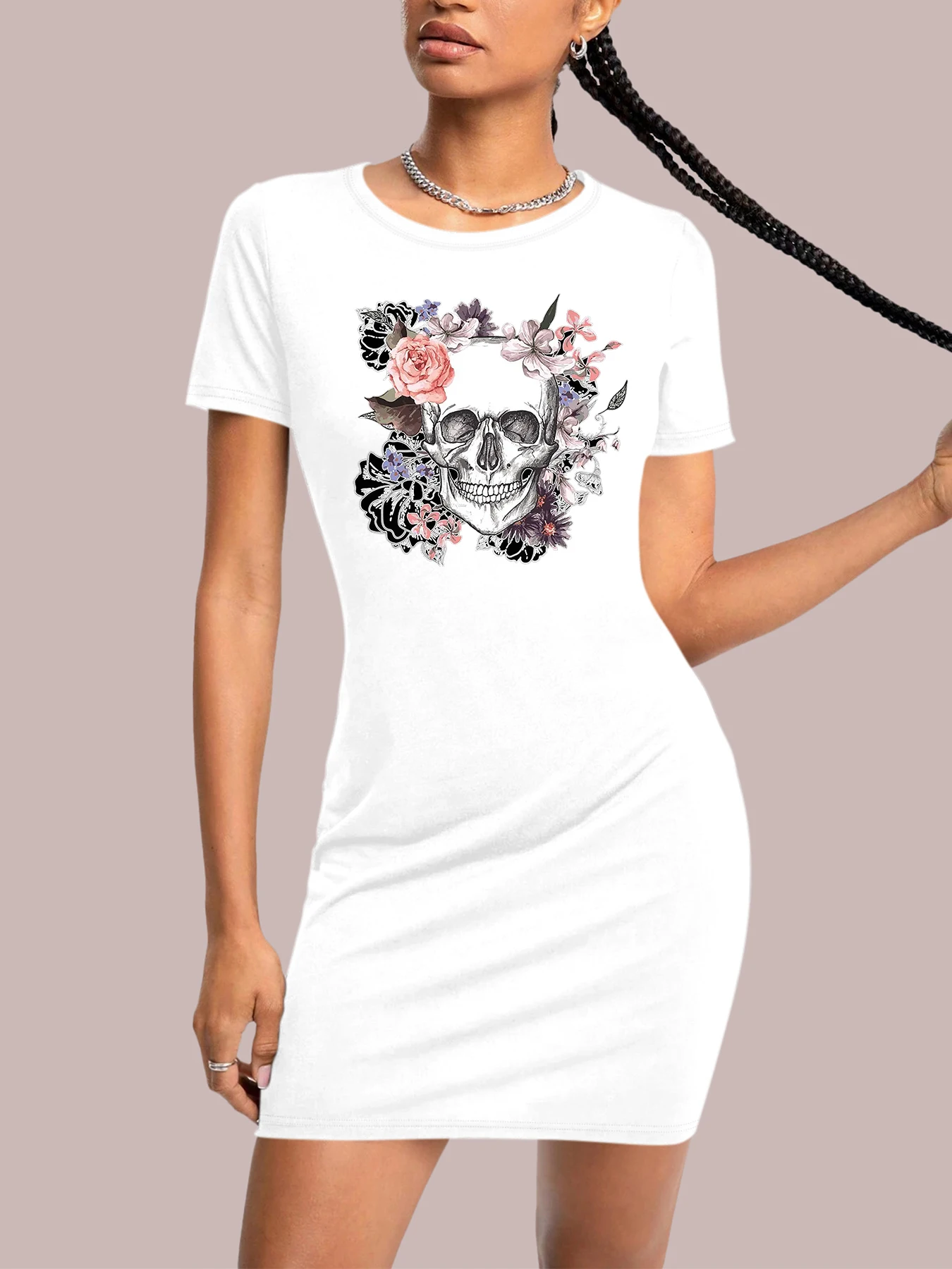 

Y2k Grunge Styel Skull Print Short Dresses Women Harajuku Hip Hop Street Trendy Dress for Streetwaer