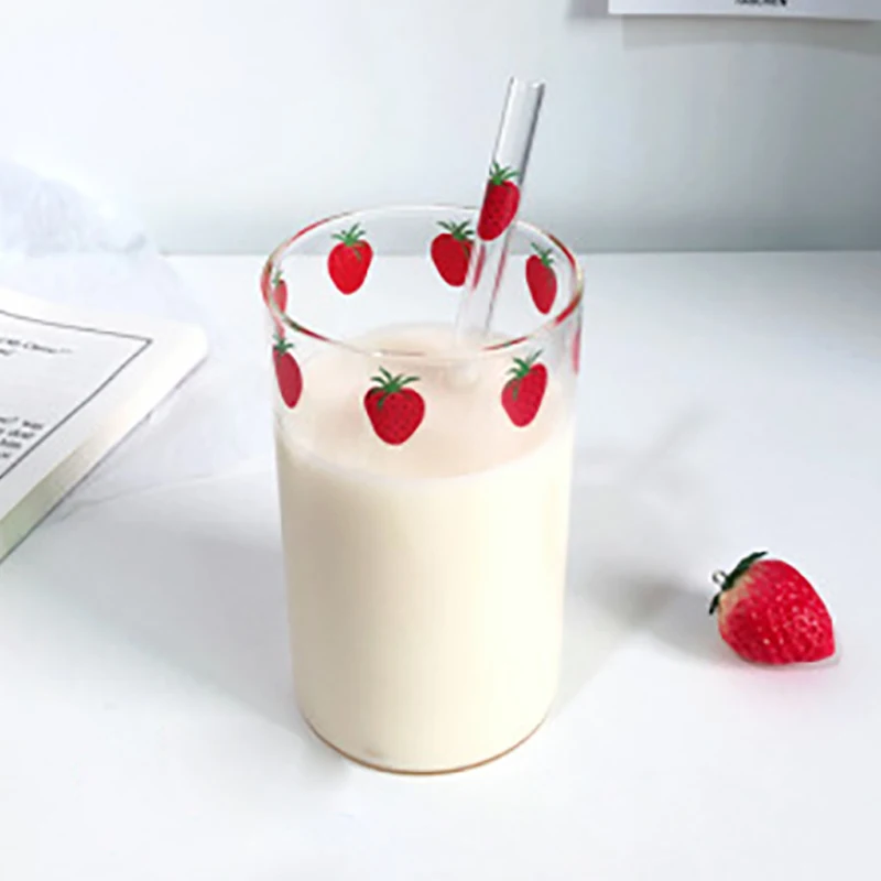 Strawberry Printed Glass Mug Cup 300Ml Nana Strawberry Glass Cup Glasses Straw Transparent Water Whiskey Lemon Tea Mugs
