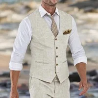 Beige Linen Suit Vest for Men Wedding Summer Beach One Piece Waistcoat V Neck Male  Fashion Cost 2