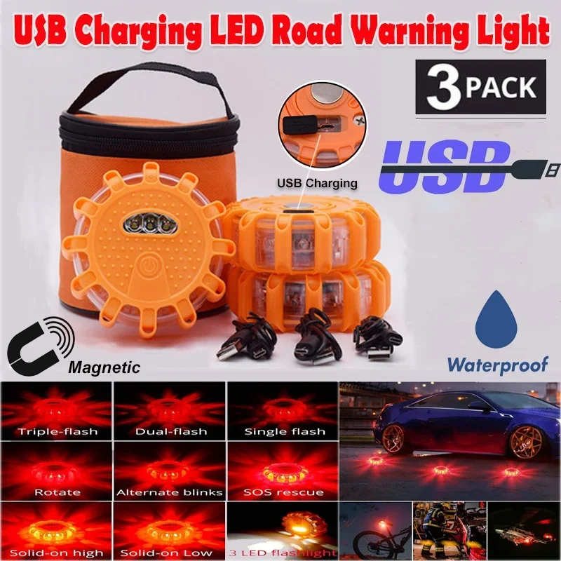 LED Emergency Lights Flare 9Modes Safety Warning USB Rechargeable Flashing Lamp Red Strobe Dash Light for Trucks Vehicle Car rechargeable led car emergency light v16 flashlight magnetic induction strobe light road accident lamp beacon safety accessory