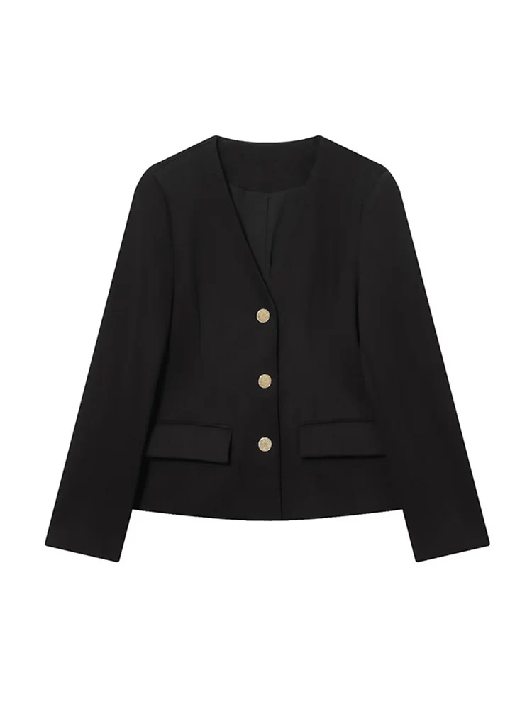 New Women V-neck Blazer Jacket Fashion Solid Long Sleeve Single Breasted Elegant Shoulder Pad Female Commute Office Streetwear