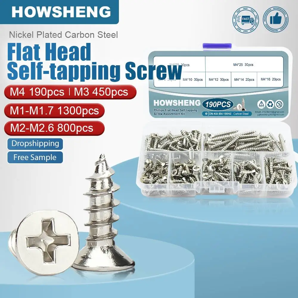 190/450/800/1300pcs Cross Flat Head Self-tapping Screw Assortment Kit Nickel Plated M1-M4 Phillips Countersunk Head Wood Screw