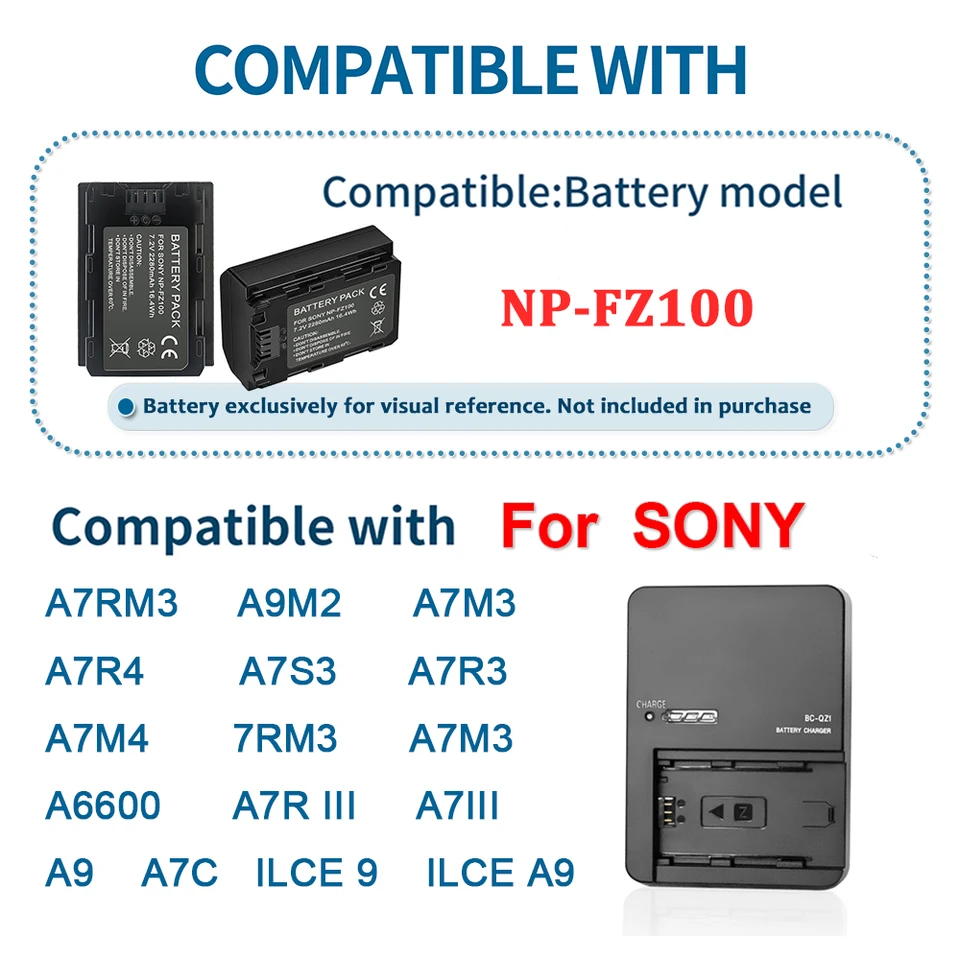 thumbnail image 2 of BC-QZ1 Battery Charger For Sony NP-FZ100 - Compatible With Sony A7, A9, FX3, ZV-E1 & More Digital Cameras 2 of 7