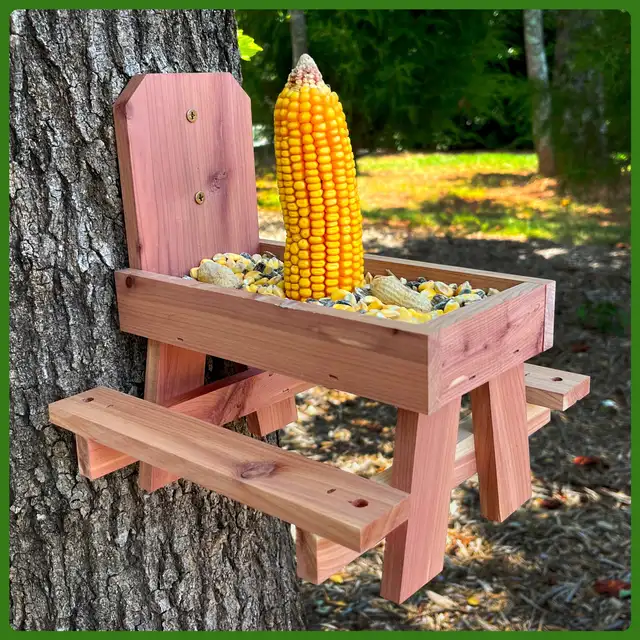 Red Cedar Picnic Table Squirrel Feeder, Holds Corn, Nuts and Seeds, 1 Table, 9"x10"x9"