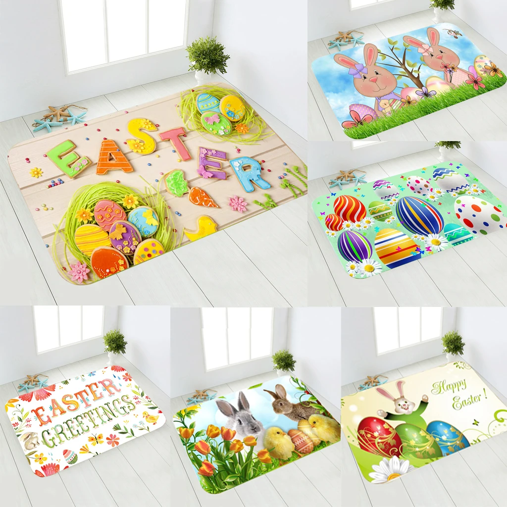 

2023 Coloful Greeting Easter Floor Mat Cartoon Rabbit Cute Bunny Easter Eggs Happy Easter's Day Party Decor For Home 40*60cm