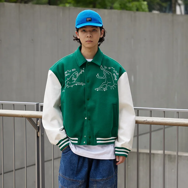 Men Spoof Pattern Embroidery Short Varsity Jackets Hiphop