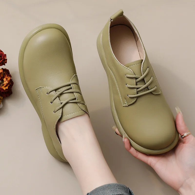 Original Natürliche Leder Schuhe für Frauen Vintage Komfort Runde Kappe Schnalle Wohnungen Frau Slip Auf Orthopädische Loafers Damen Mokassins – Detail 25