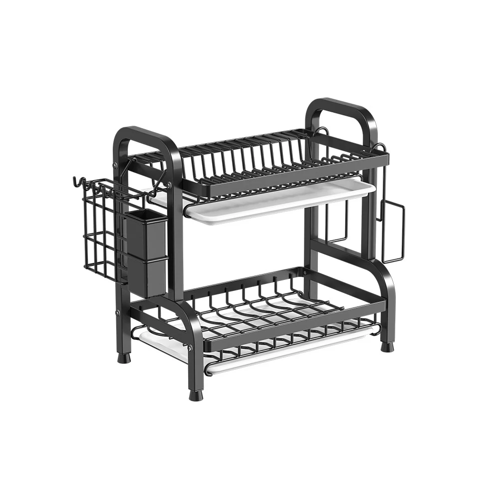 رف تجفيف الأطباق مكون من طبقتين، رف أطباق المطبخ المدمج، مجموعة تجفيف الأطباق الكبيرة المقاومة للصدأ مع حامل أواني