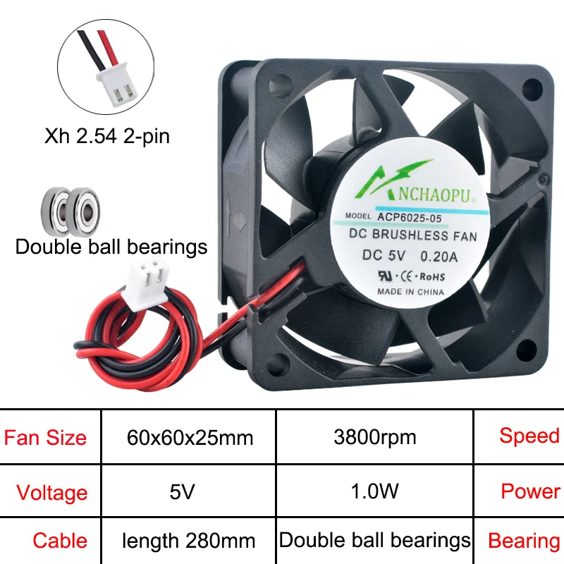 충전기, 전원 공급 장치, 주파수 변환기용 고속 60x60x25mm 축 냉각 팬 DC 5V/12V/24V 2핀 ACP6025
