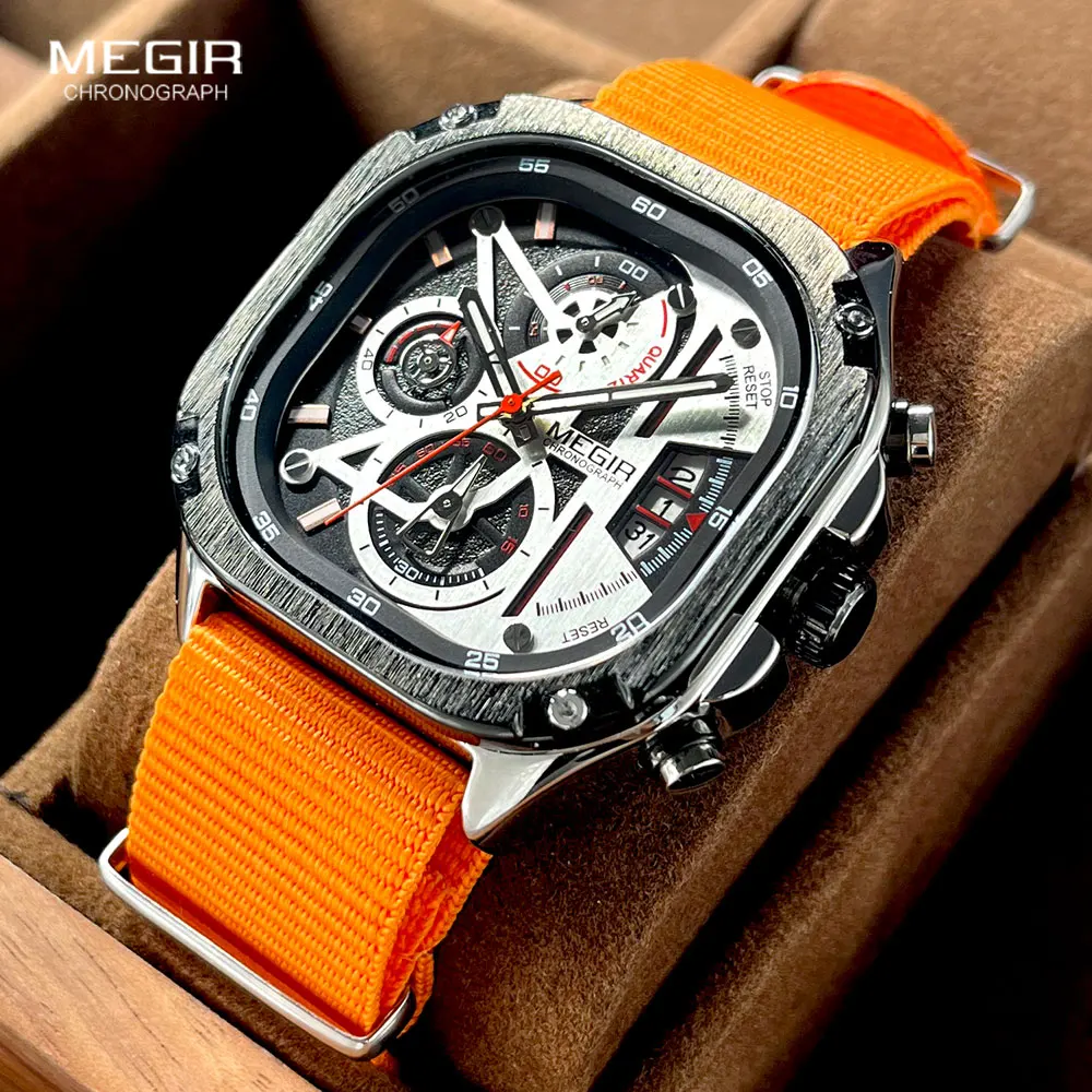 MEGIR Orange Chronograph Quartz Watch Men Military Sport Waterproof Wristwatch with Luminous Hands Canvas Strap Date MS2217