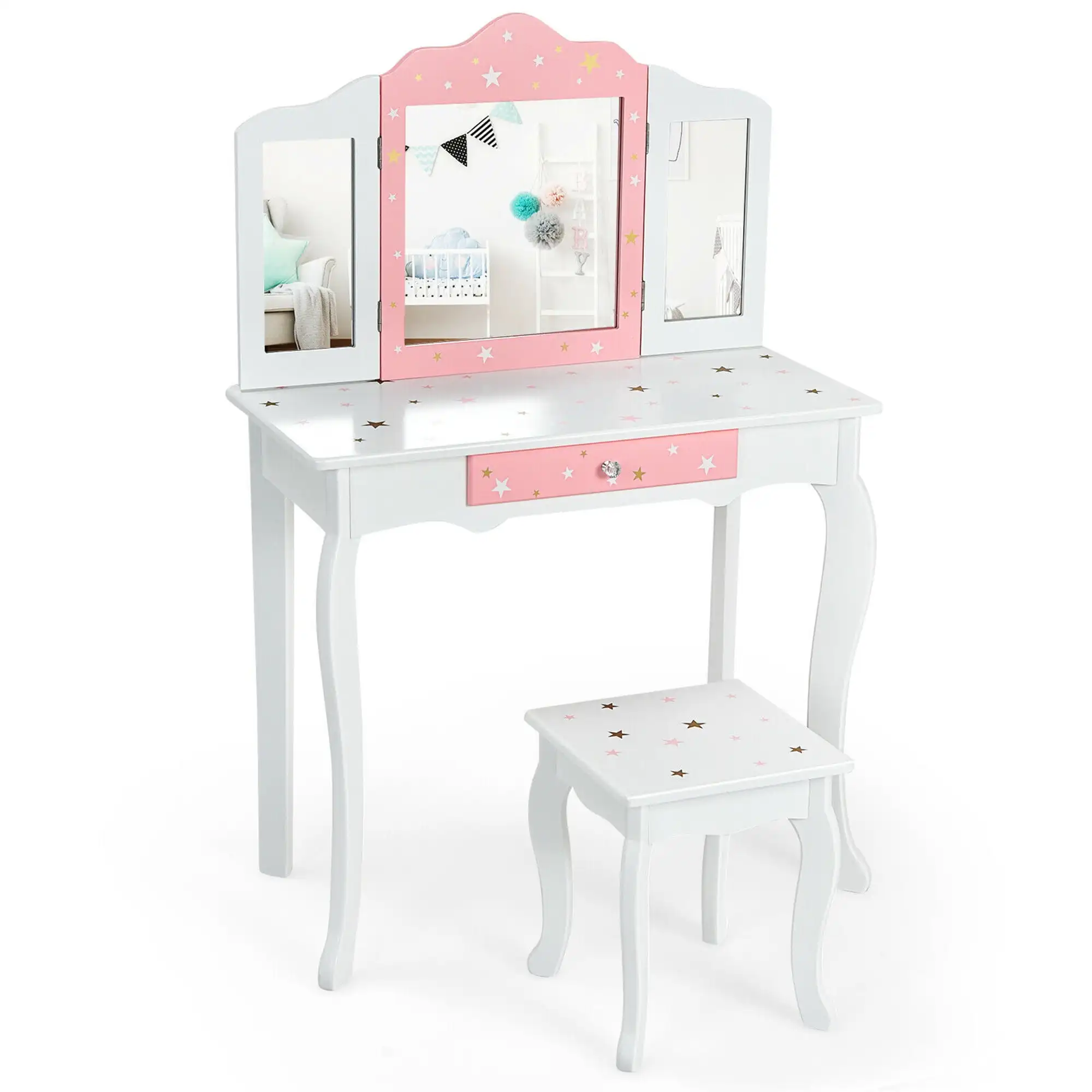 

Kids Vanity Princess Makeup Dressing Table Chair Set W/ Tri-folding Mirror White