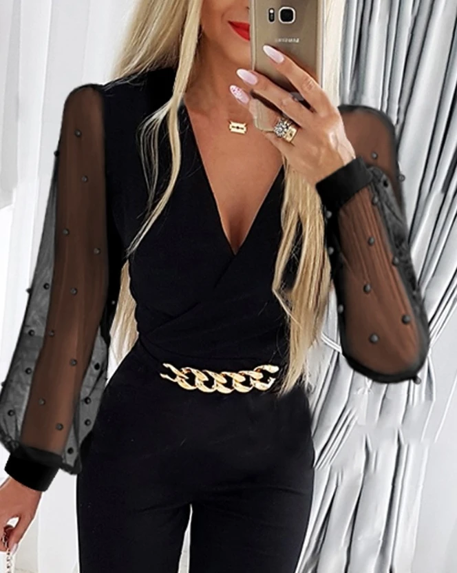 Elegant and Pretty Women's Jumpsuit Spring Beaded Sheer Mesh Patch Chain Decor Jumpsuit High Waisted Skinny Long Jumpsuit