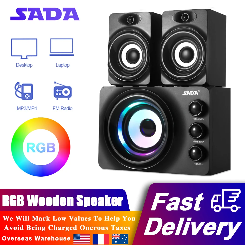 PC Wired Wooden Speakers Colorful Lights Bass Stereo Music Player Subwoofer Sound Box for