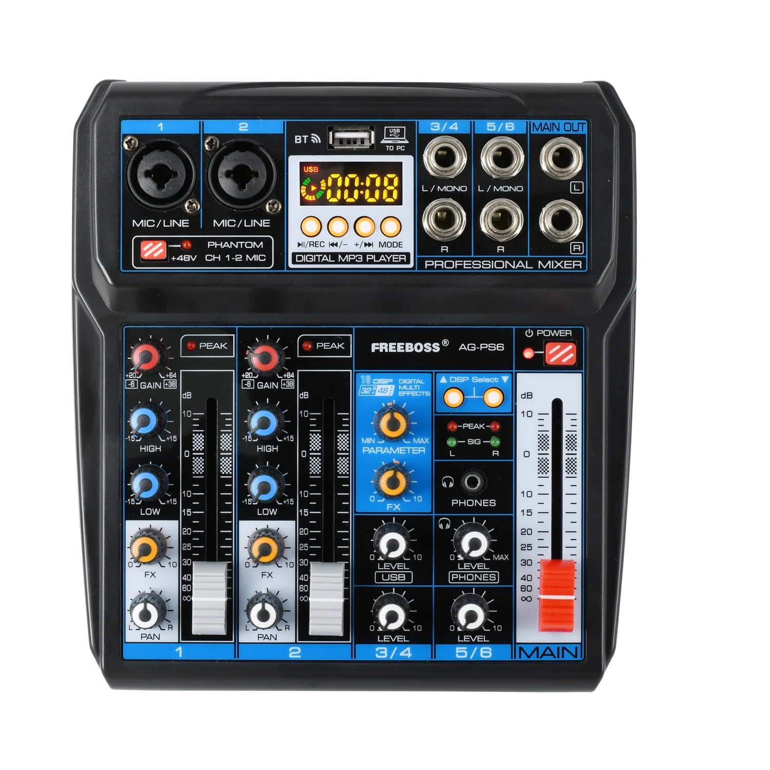 Mixer Audio A 6 Canali Computer Usb Record 2 Mono 2 Stereo Con Monitor Dc 5V Portatile Bluetooth Compatibile 16 Effetti Dsp Ag-Ps6
