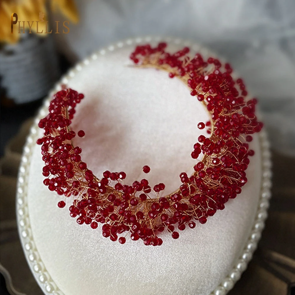 A416 Red Crystal Bridal Crown Headdress Wedding Hair Accessories Bridesmaid Headwear Hairband Jewelry Hair Ornaments Headbands