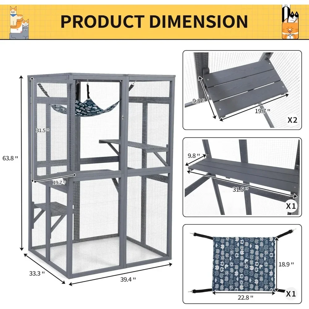 Cat House Outdoor Cat Enclosure Window Access Wood House Shelter Kitty Cage 3 Platforms For Patio Indoor Cats Cages