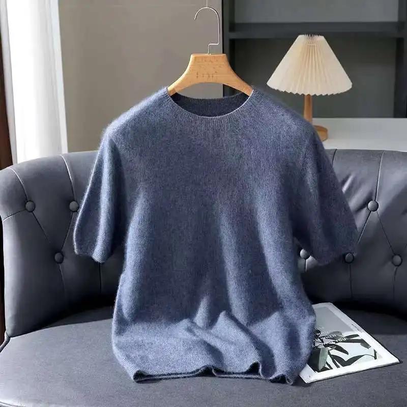 Spring Autumn 100% Mink Cashmere Short Sleeve Men's T-Shirt Loose O-Neck Solid Color Knit Sweater Casual Business Base Pullover 3