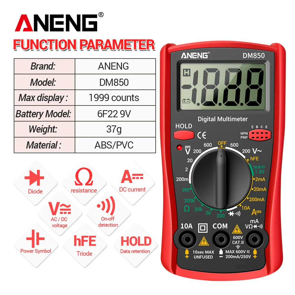 

ANENG DM850 Professional Digital Multimeter Ammeter 1999 Counts Portable Auto AC/DC Votage Tester Ohm Current Detector Tool